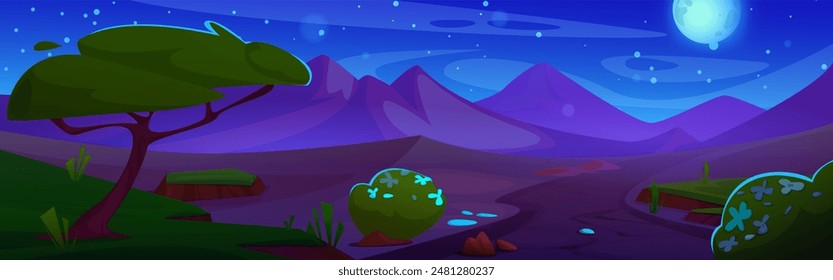 Night desert landscape with sandy dunes. Vector cartoon illustration of mysterious scenery with empty road running through dark land with green grass, trees, flowers, full moon glowing in starry sky