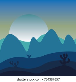 Night in desert landscape. Summer wild nature, sand and silhouette cactuses