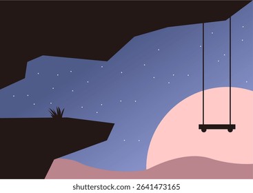 Night Desert Landscape with Swing – Flat Vector Illustration