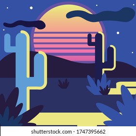 
night desert with moon and cacti