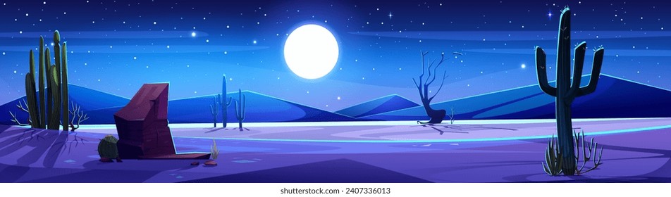 Night desert with moon glowing in sky. Vector cartoon illustration of midnight western scenery, dry area with stones, sand dunes and cacti, bright stars shimmering in darkness, travel background