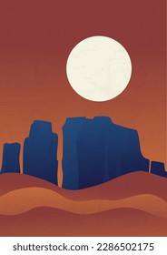 Desierto nocturno con montañas bajo afiche de ilustración vectorial de luna llena.