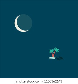 Night desert oasis lake with two palms in middle of sands and big cold moon vector concept poster wallpaper illustration isolated on white