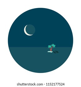 Night desert oasis lake with two palms in middle of sands and big cold moon vector round vignette concept, poster wallpaper illustration isolated on white