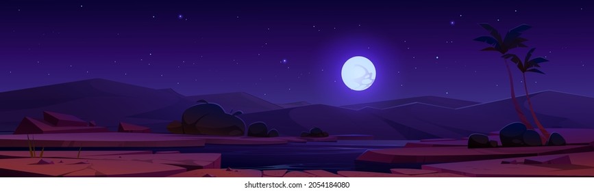 Night desert oasis under full moon starry sky. Cartoon landscape river, sand dunes, palm trees and plants, vector parallax background for game. Deserted sahara nature panoramic 2d scene, illustration