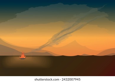 Night and desert. Outdoor recreation. Campsite with fireplace. Picnic or camping. Vector illustration