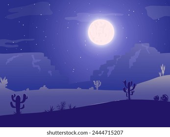 Night in the Desert panoramic view with dunes, fool moon, stars, tumbleweed and cactus. Poster template with desert night landscape, place for text. Design element for banner, invitation, flyer, card