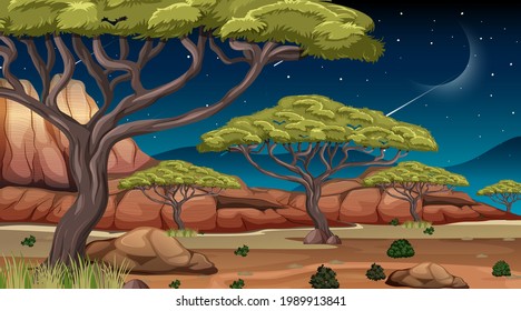 Night desert scene with trees and moon