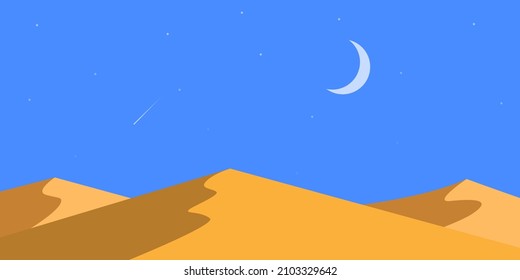 Night desert, starry sky with shooting star and moon, vector, background