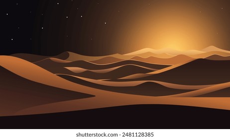 Ilustración vectorial nocturna del desierto. Un hermoso paisaje de increíbles dunas de arena con el telón de fondo de la luna naciente y el impresionante cielo. Montañas arenosas.
