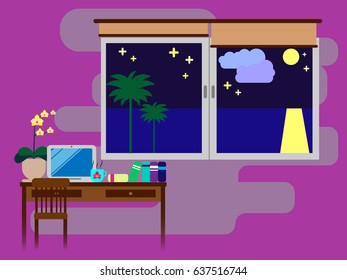 Night desktop. Vector illustration. Color workplace. Decoration.