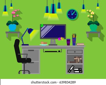 Night desktop. Vector illustration. Color workplace. Decoration.