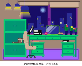 Night desktop. Vector illustration. Color workplace. Decoration.
