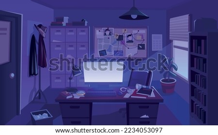 Night detective office. Dark private investigator room police station for crime investigation, computer light on paperwork desk criminal writer, noir vector illustration of office night detective
