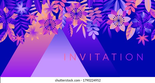 Night disco club vibes with violet lights and tropical nature elements. Cool vacation concept. Design element for web banners, posters, cards, wallpapers, backdrops, panels.