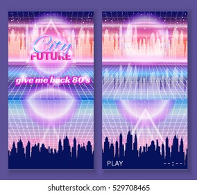 Night Disco Party template,flyer. City future, 80s style. Retro Sci-Fi Background. Neon City retro style, night view of the city of the future, and retro wave music flyer 