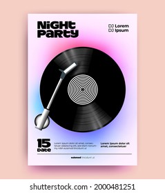 Night dj music party poster or flyer design template with realistic vinyl disk on abstract gradient background and typographic composition. Vector illustration