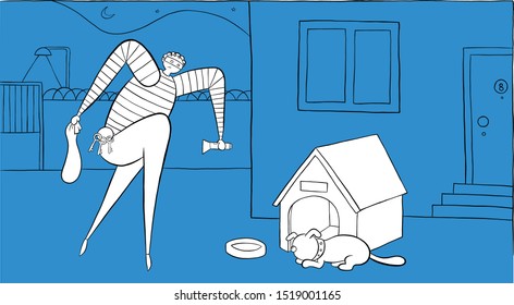 At night the dog is sleeping and the thief is trying to enter the house by walking on his toes. Vector illustration. White and black outlines and colored background.