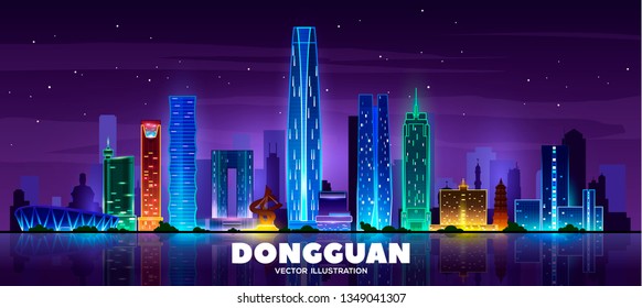 	
Night Dongguan skyline.Vector modern night megapolis.Urban skyscrapers in neon colors.