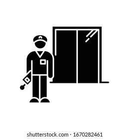 Night dorm watchman black glyph icon. College dormitory janitor. Security guard. Hotel security. Elevator operator. University warden. Silhouette symbol on white space. Vector isolated illustration