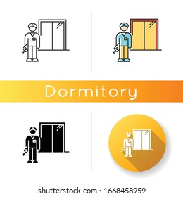 Night Dorm Watchman Icon. College Dormitory Janitor. Security Guard. Hotel Security. Warden. Linear Black And RGB Color Styles. Linear, Black And RGB Color Styles. Isolated Vector Illustrations