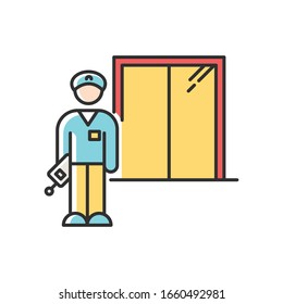 Night Dorm Watchman RGB Color Icon. College Dormitory Janitor. Security Guard. Residential Hall Employee. Hotel Security. Elevator Operator. Liftman. University Warden. Isolated Vector Illustration