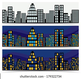 Night Downtown Banners. Set of three city themed banners with abstract downtown cityscapes. Different variants for any design tasks. Vector file is EPS8, all elements are grouped.