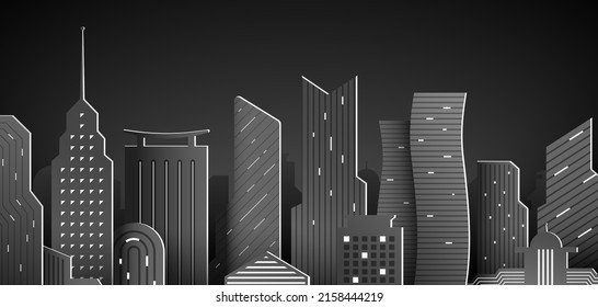 Night downtown skyline with skyscrapers and window lights, architectural paper model dark vector background.