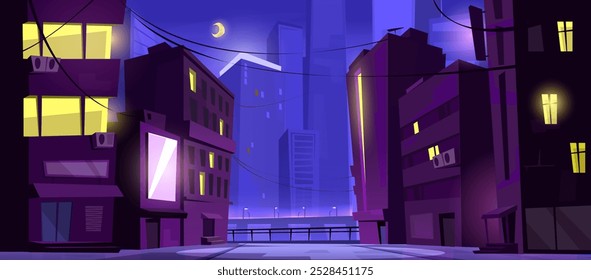 Night downtown street landscape with light in windows of city skyscrapers and streetlights, sidewalk and moon. Cartoon vector dark dusk modern cityscape with neon glow. Midnight urban alley scene.