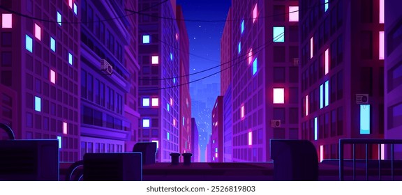 Night downtown street. Neon light city background. Perspective cityscape view with futuristic building. Abstract metaverse district scape with window glow. Cyber dark urban rooftop game panorama