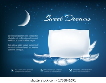 Night dream pillow. Realistic comfort bedtime poster, concept of relax and dreaming in bed, advertising of sleeping on home texture pillows with soft feathers
