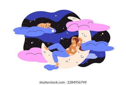 Night dream, sleep concept. Dreamer relaxing on moon crescent. Happy woman asleep in sky and clouds. Peaceful relaxation in heavens. Flat graphic vector illustration isolated on white background