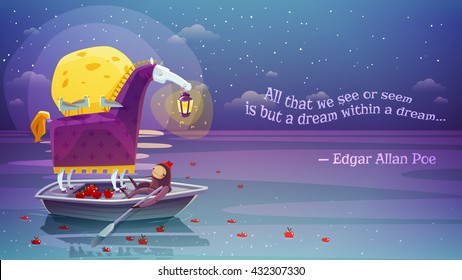 Night dream surreal horse with lantern in boat with yellow moon and poetry verse background abstract vector illustration 