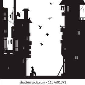 night dreamer, boy sits near the  city houses and look flying pigeons, dreams vector