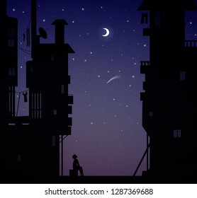 night dreamer, boy sits near the  city houses and look at the stars, dreams vector