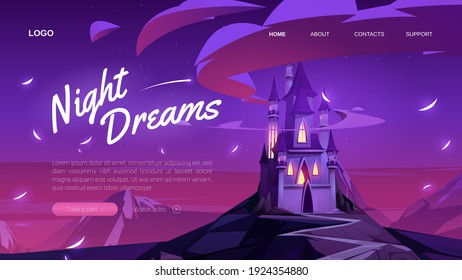 Night dreams banner. Fantasy event, party, festival or celebration. Vector landing page with cartoon landscape with fairy tale magic castle in mountains at night