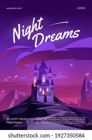 Night dreams cartoon poster with magic castle with glow windows on mountain top at nighttime. Fairytale palace under dark pink or purple sky with stars. Fantasy medieval fotress, flyer, vector banner