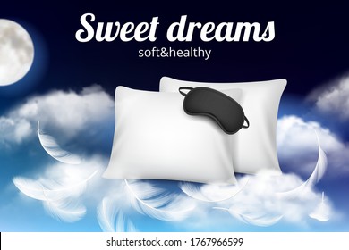 Night dreams poster. Relax concept placard with soft comfortable pillow and sleeping mask on clouds vector realistic template