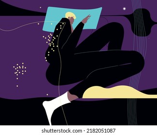 Sueños nocturnos de dormir. Imaginación, soñaciones, concepto de mundos de hadas. Soplón personaje soñador flotando, volando en fantasías. Ilustraciones gráficas planas vectoriales aisladas en fondo blanco