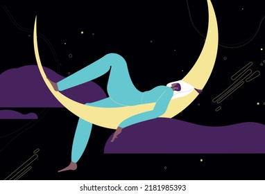 Sueños nocturnos de una mujer dormida. Imaginación, soñaciones, concepto de mundos de hadas. Soplón personaje soñador flotando, volando en fantasías. Ilustraciones gráficas planas vectoriales aisladas en fondo blanco