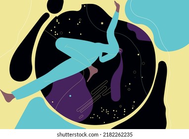 Night dreams of  woman. Imagination, dreamlands, fairy worlds concept. Sleepy character dreamer floating, flying in fantasies. Flat graphic vector illustrations isolated on white background.