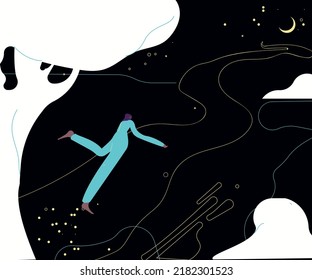 Sueños nocturnos de mujer. Imaginación, soñaciones, concepto de mundos de hadas.  Ilustraciones gráficas planas vectoriales aisladas en fondo blanco.