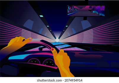 escenografía vectorial y estilo retro del coche vaporwave púrpura