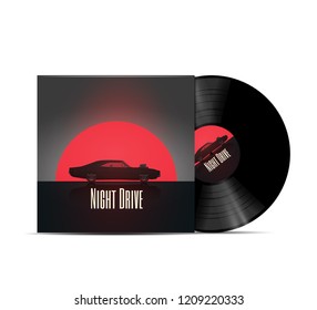 Night Drive Music Playlist Cover Design. Vinyl Disc Cover Design. Vector Illustration.