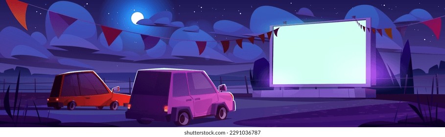 Conducción nocturna en la ilustración de estacionamiento de cine al aire libre. Festival de teatro con garland para auto en pantalla grande. Evento de entretenimiento aéreo para ver películas en auto afuera en verano. Rendimiento de vídeo moderno