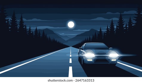 Night Drive Through a Pixelated Forest Landscape Under a Full Moon