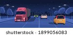 Night driving in lit city street with buildings and lights. Panoramic view of nighttime road traffic with cars and trucks. Horizontal colored flat cartoon vector illustration