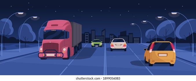 Night driving in lit city street with buildings and lights. Panoramic view of nighttime road traffic with cars and trucks. Horizontal colored flat cartoon vector illustration