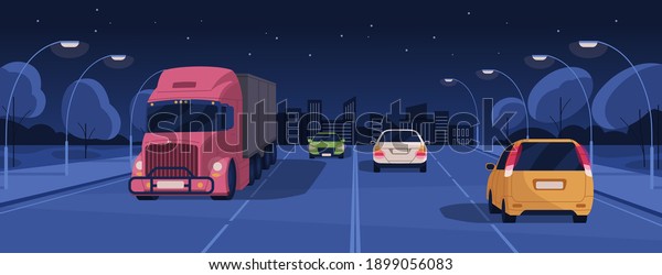 Night driving in\
lit city street with buildings and lights. Panoramic view of\
nighttime road traffic with cars and trucks. Horizontal colored\
flat cartoon vector\
illustration