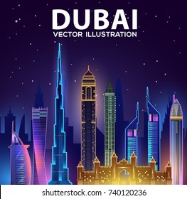 Night  Dubai skyline with panorama in sky background. Vector Illustration. Business travel and tourism concept with modern buildings. Image for banner or web site. 